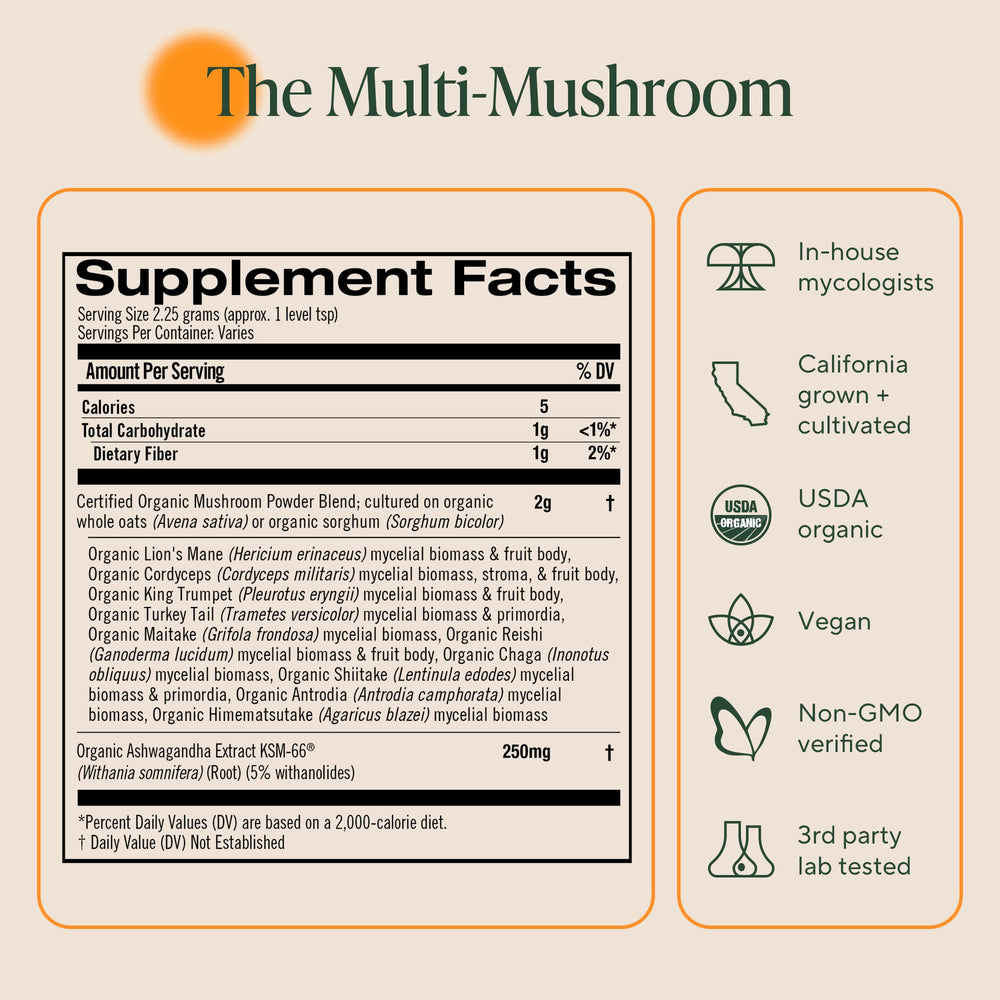 OM Mushroom Master Blend glass jar on counter presents a premium, waste-conscious organic supplement.