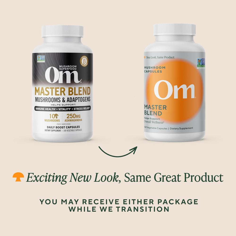 OM MUSHROOM MASTER BLEND ingredients graphic highlights mushrooms and beta-glucans