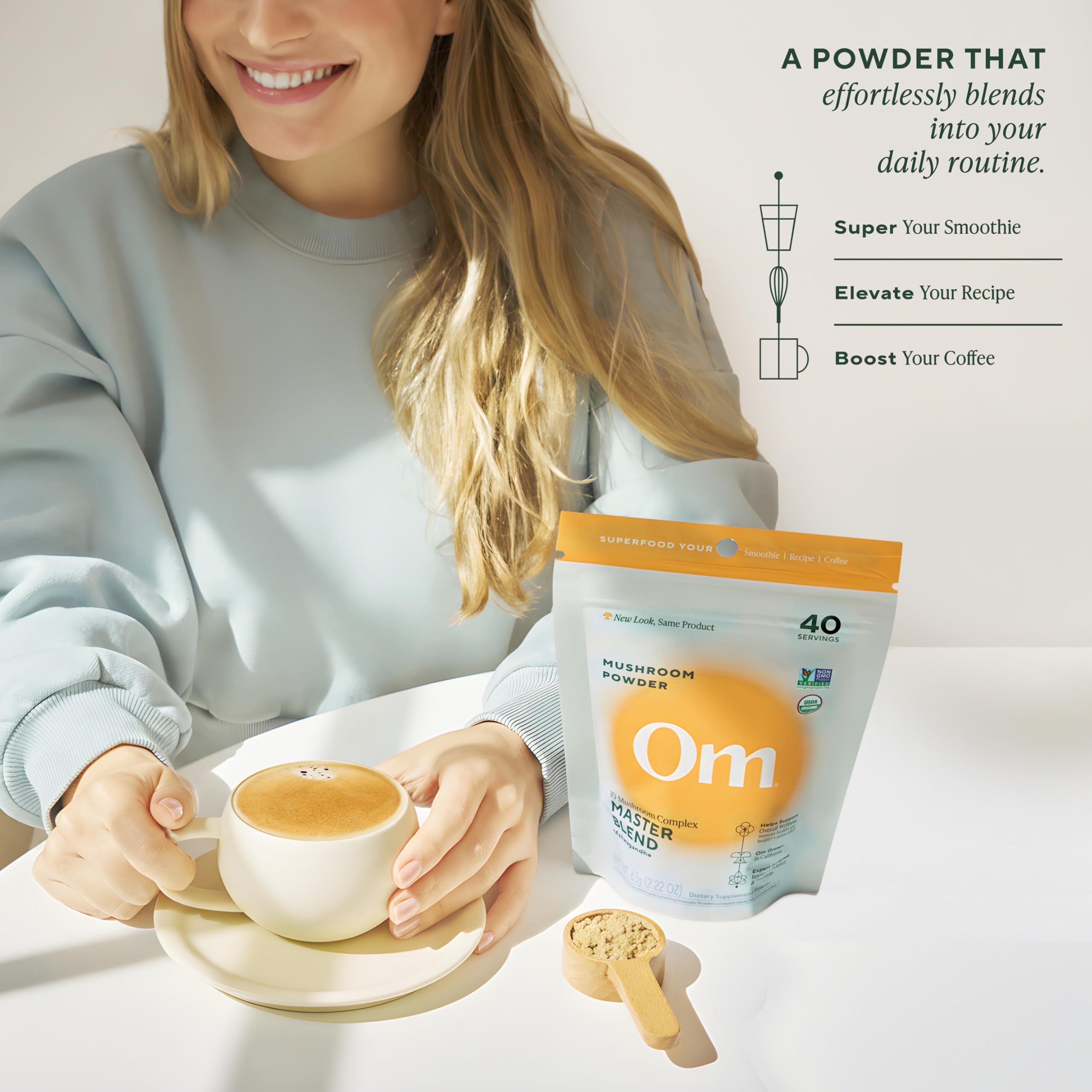 OM Mushroom Master Blend label closeup highlights organic certifications and batch testing.