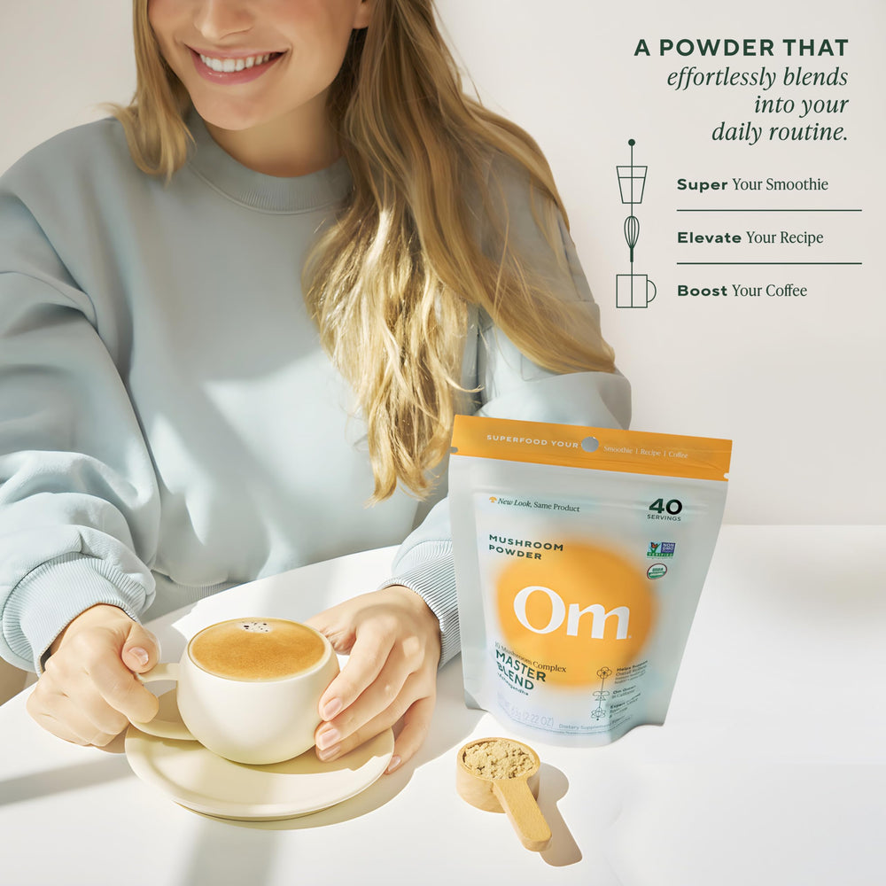 OM Mushroom Master Blend label closeup highlights organic certifications and batch testing.