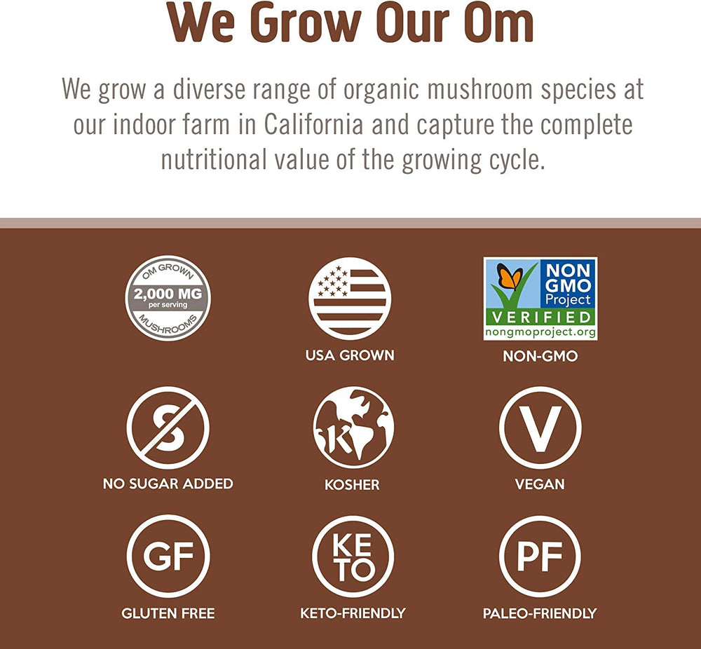 OM MUSHROOM organic oats cultivation certificate featured in packaging.