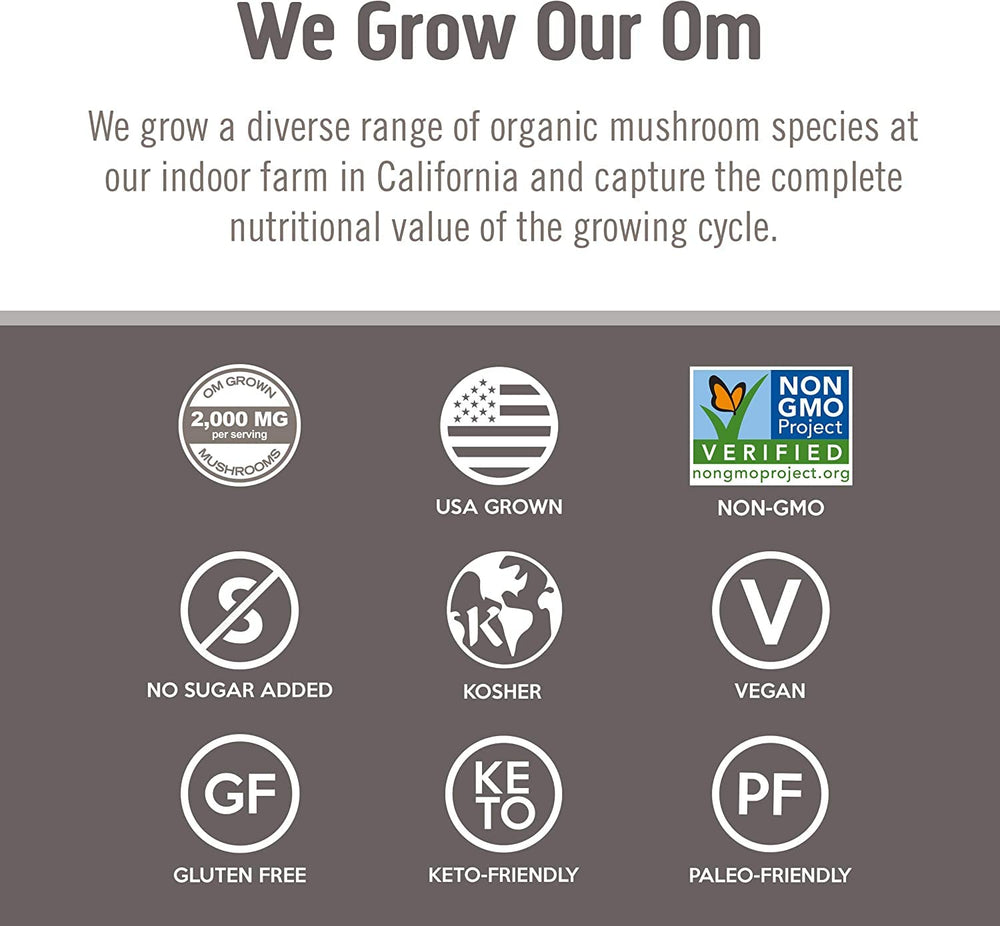 OM Mushroom Superfood packaging featuring USDA Organic seal