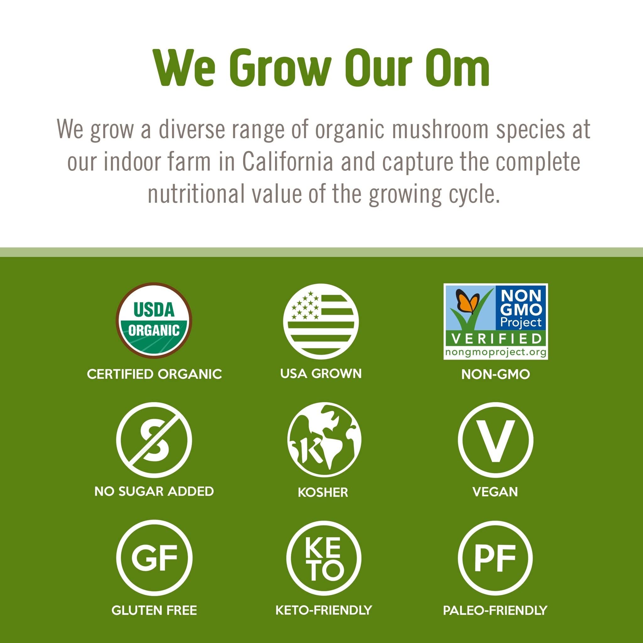 OM Mushroom Reishi powder closeup label confirms organic certification and quality