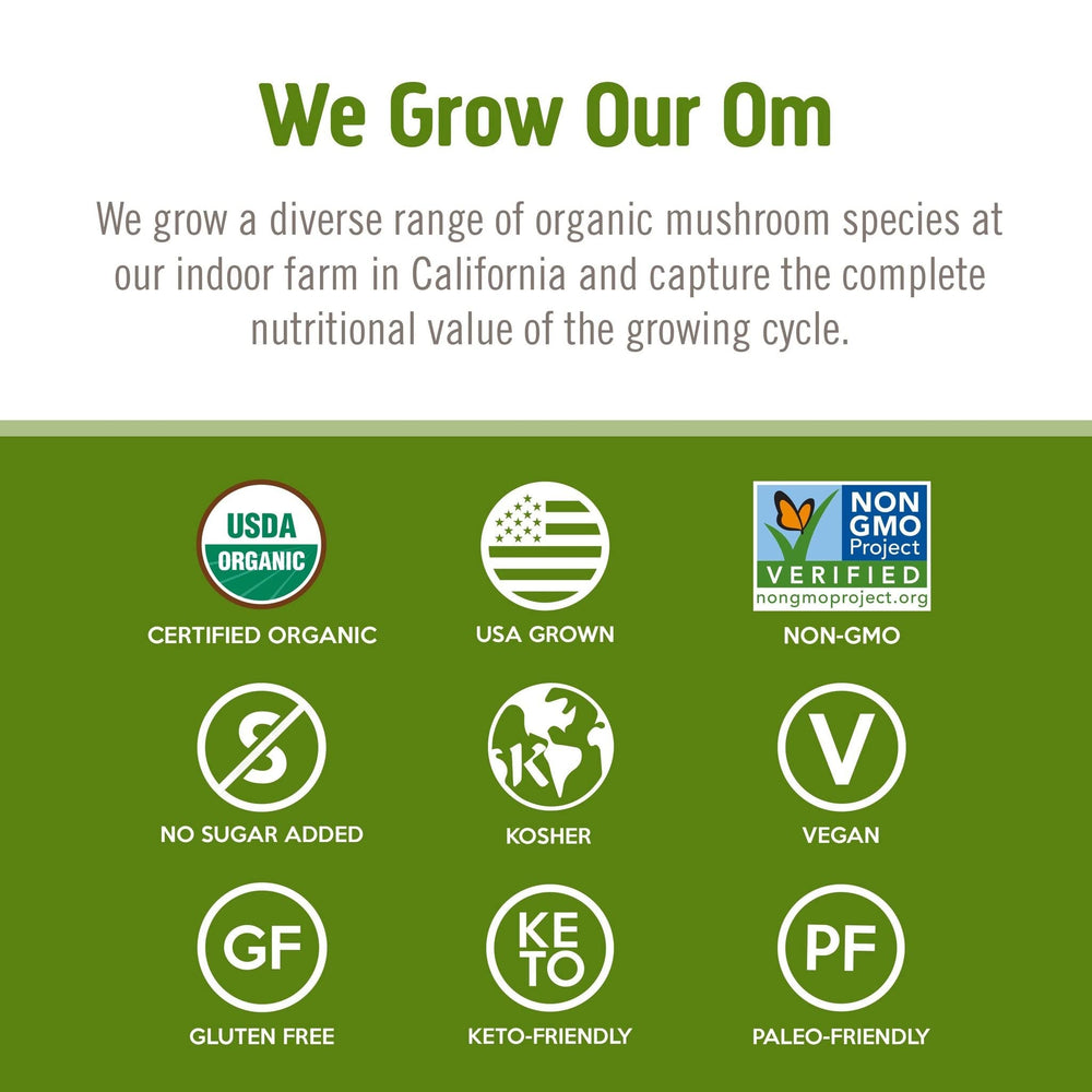 OM Mushroom Reishi powder closeup label confirms organic certification and quality