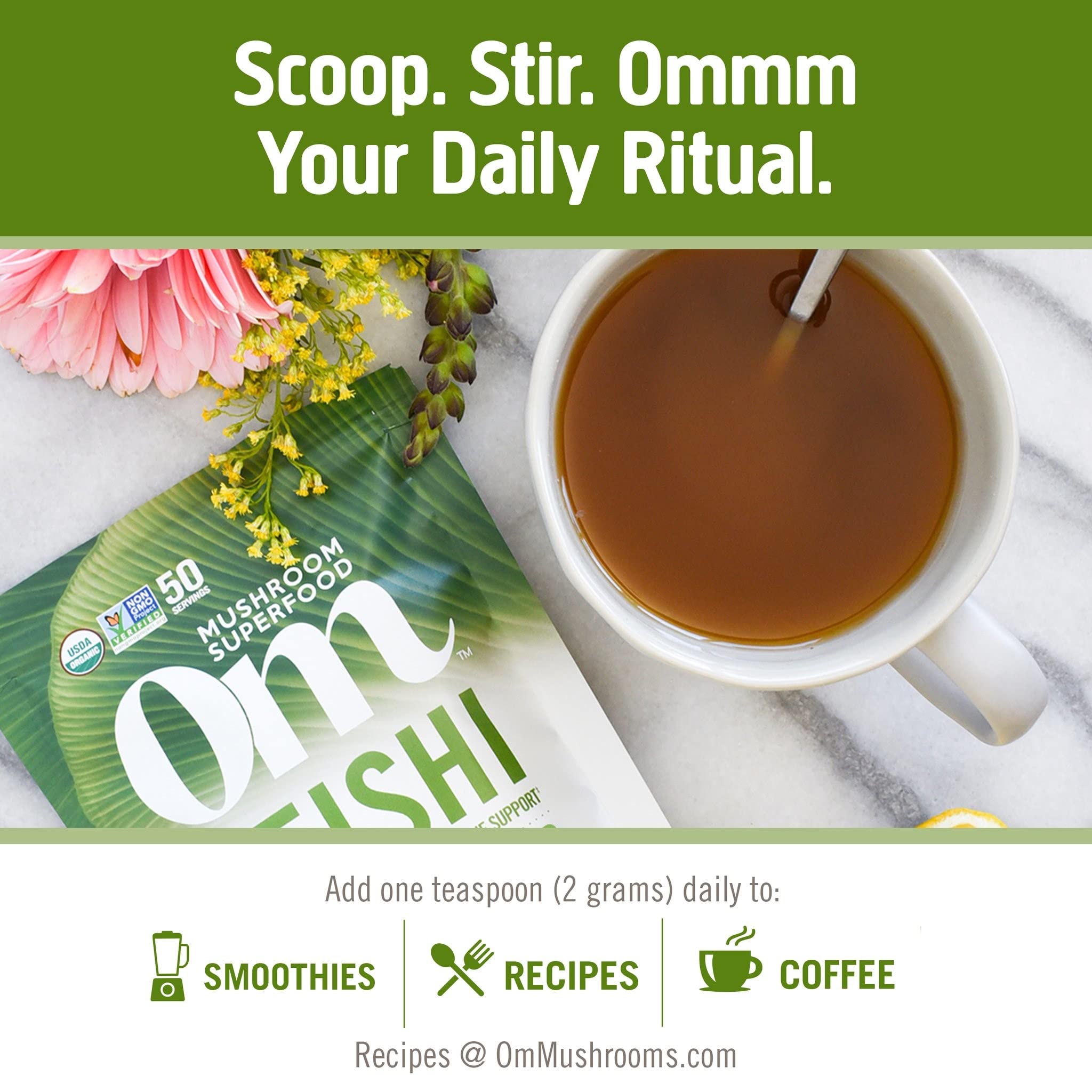 OM Mushroom Reishi powder in smoothie delivers earthy aroma and flavor boost