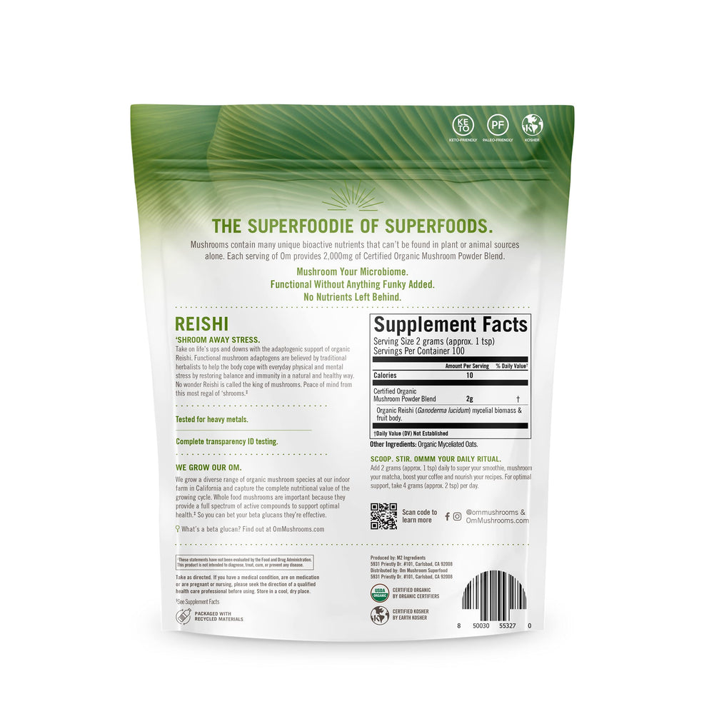 OM Mushroom Reishi powder bottle label highlights USA-grown origins and third-party testing