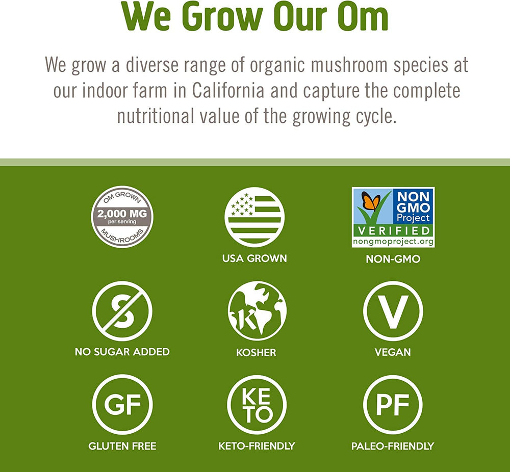 Product line icons representing OM Mushroom supplements.