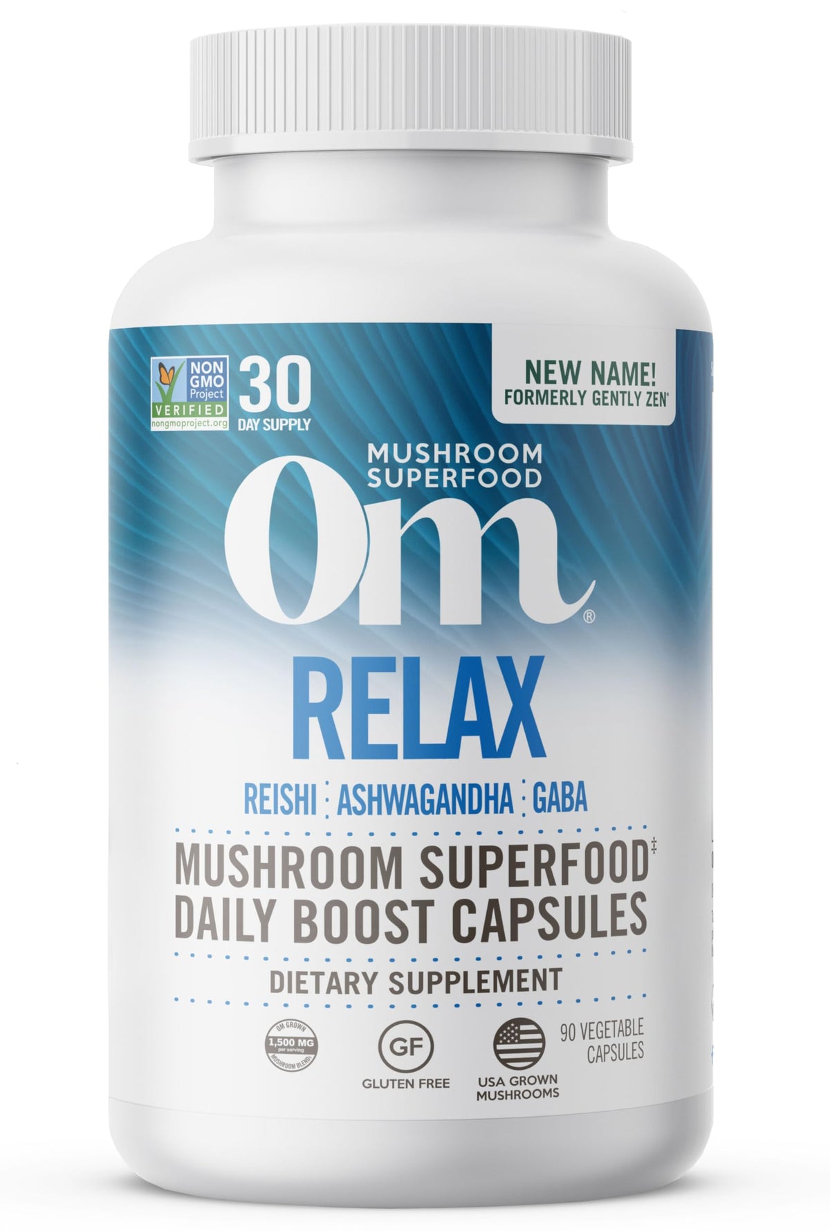 OM MUSHROOM RELAX bottle front supports daily stress management