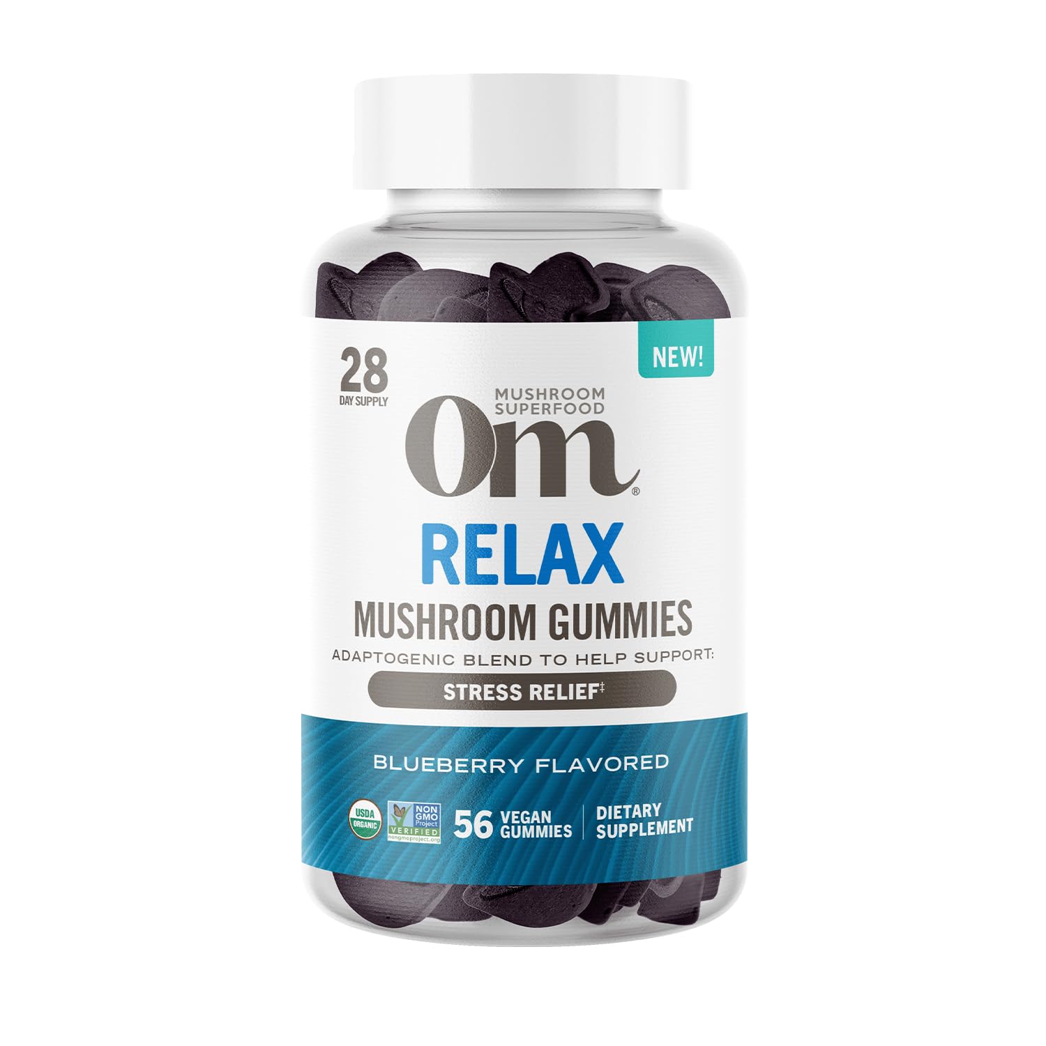 OM MUSHROOM RELAX Gummies blueberry bottle for stress support