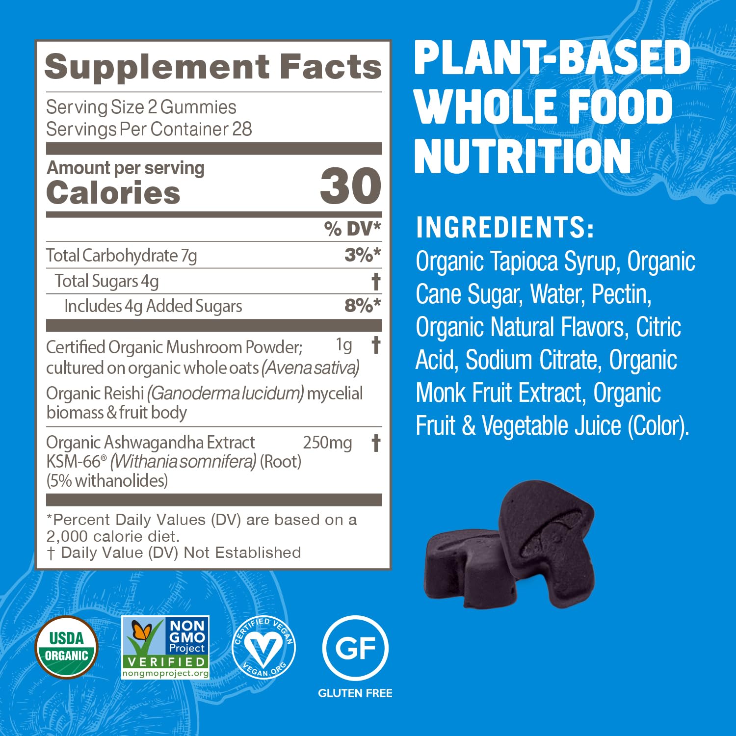 Label highlights organic Reishi and Ashwagandha ingredients