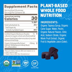 Label highlights organic Reishi and Ashwagandha ingredients