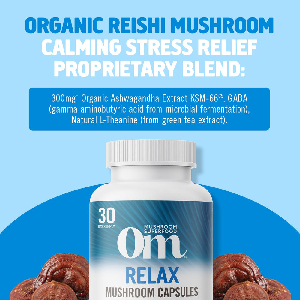 OM MUSHROOM RELAX label closeup highlights Reishi and Ashwagandha