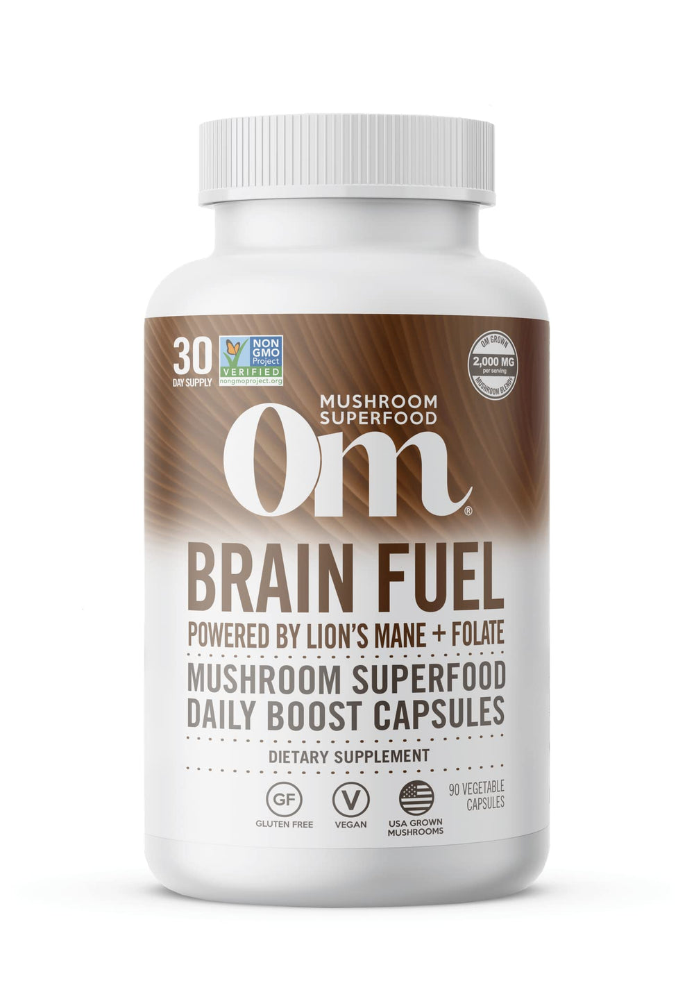 OM Mushroom Brain Fuel capsules bottle for daily mental clarity support.
