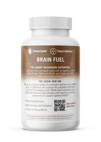 Organic, vegan, gluten-free badges on Brain Fuel packaging.