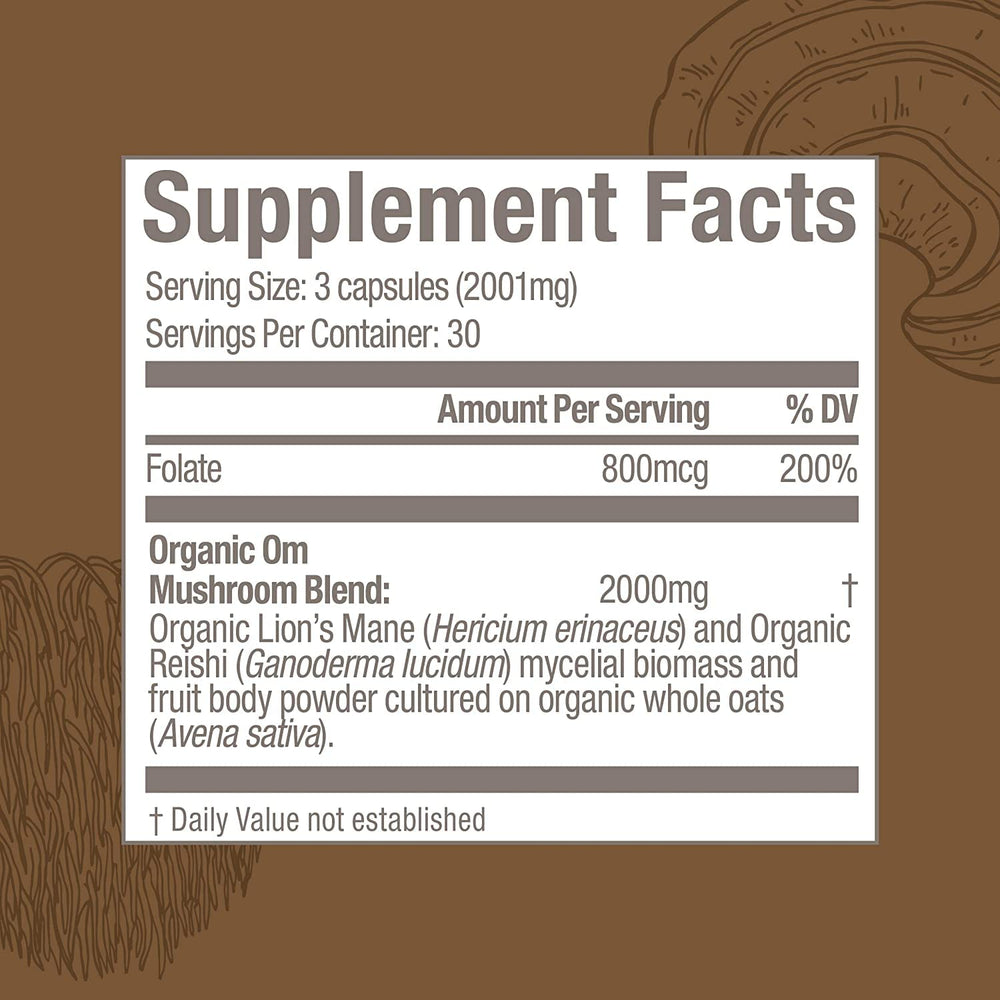 Reishi mushrooms with Brain Fuel label indicating calm focus.