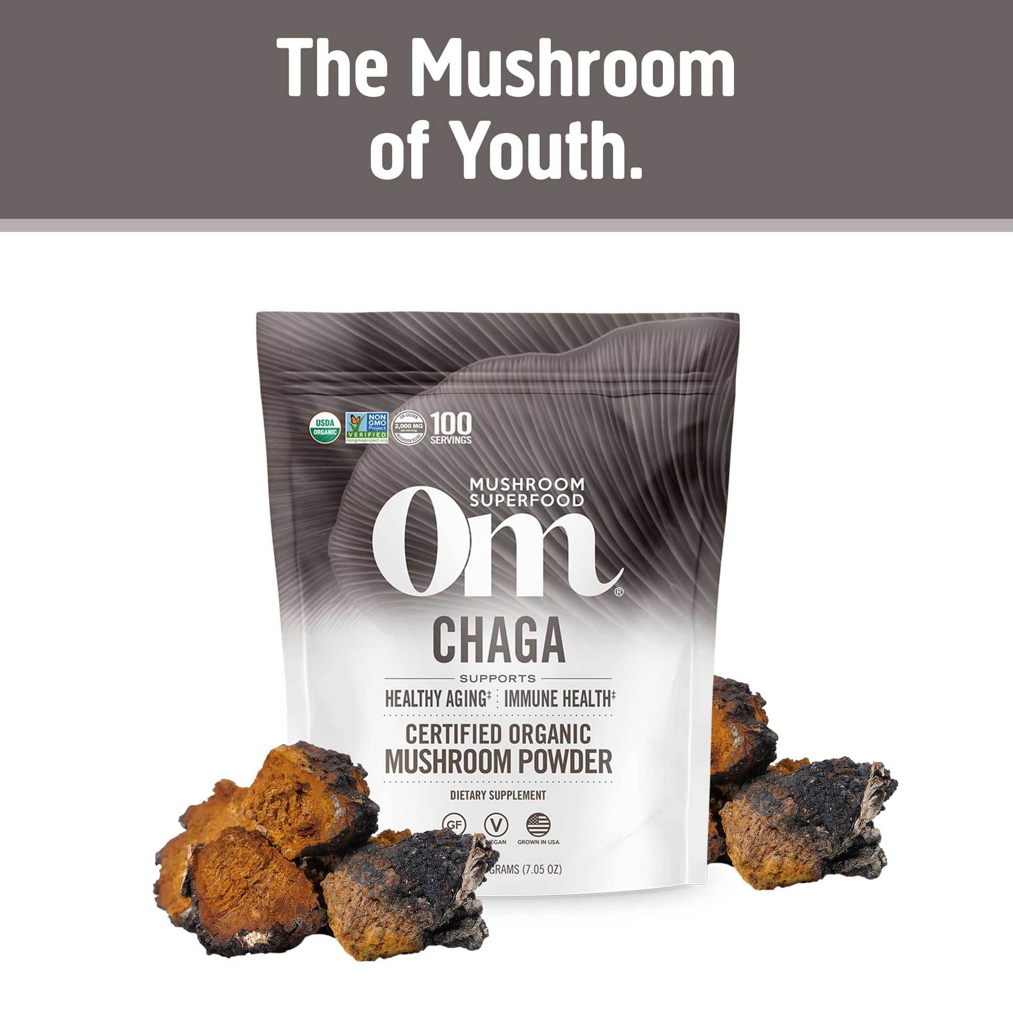 OM MUSHROOM SUPERFOOD Chaga jar label showcasing organic, US-grown quality