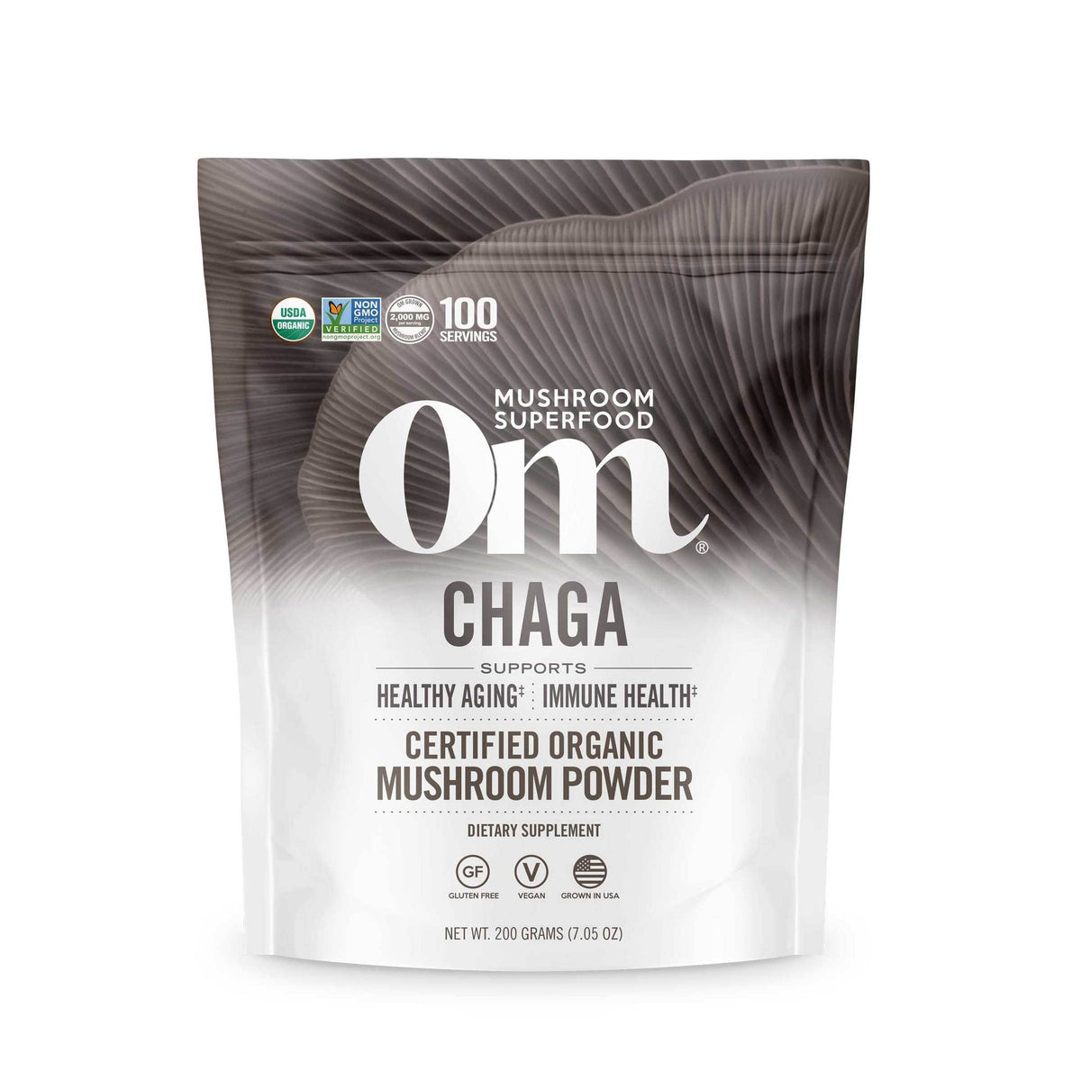 OM MUSHROOM SUPERFOOD Chaga powder in a bowl highlighting antioxidant benefits