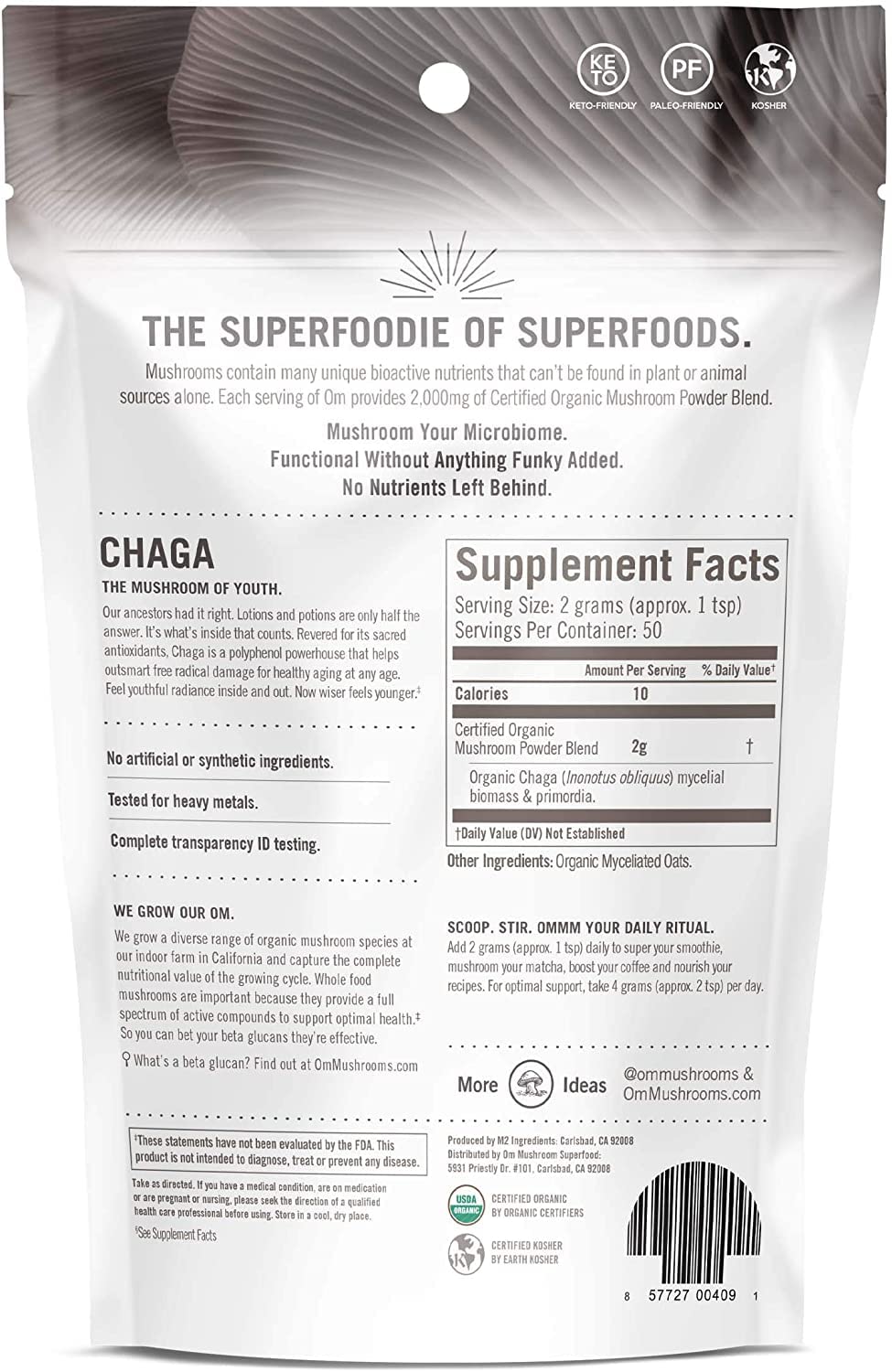 OM Mushroom Superfood Chaga powder cup mix demonstrating versatile use