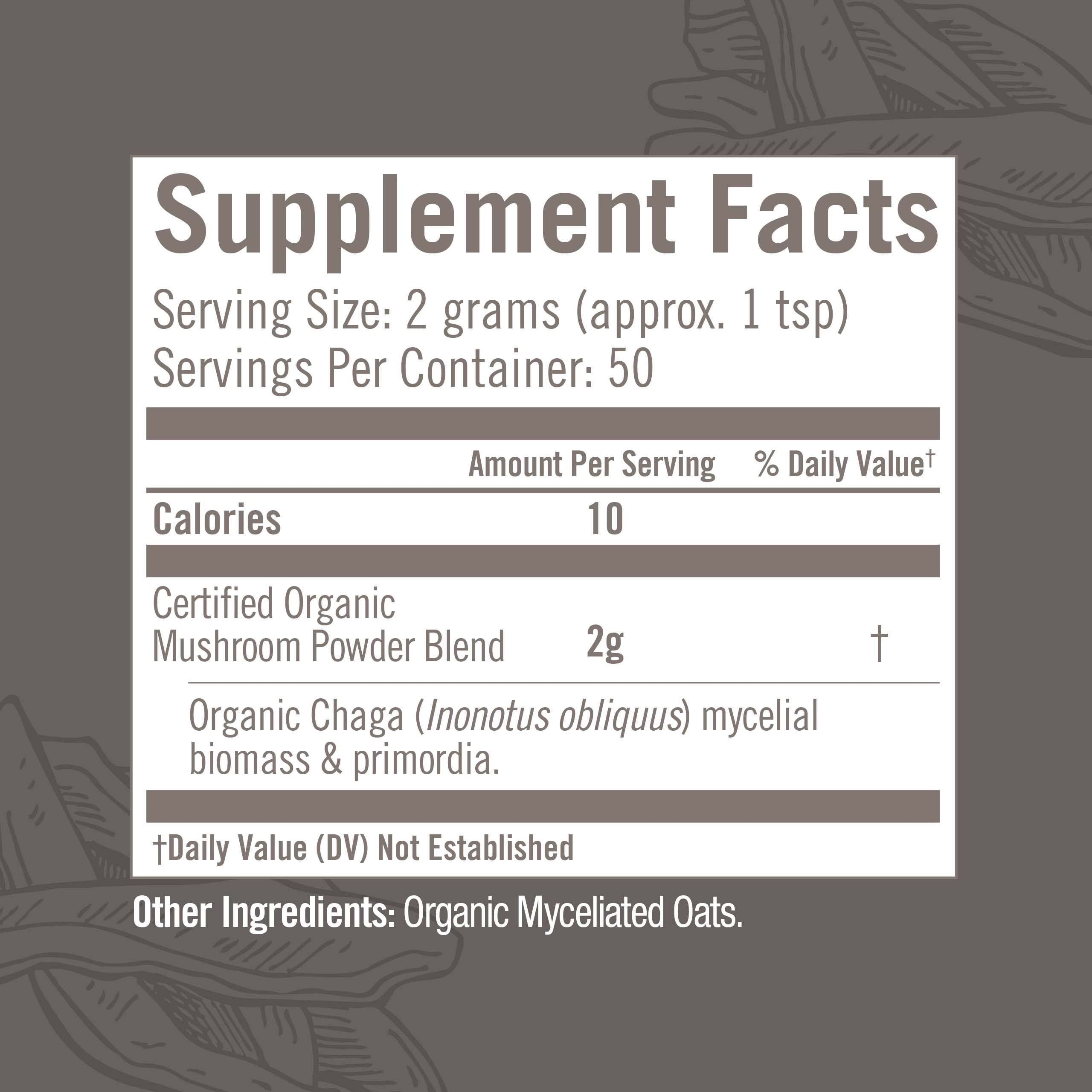 OM Mushroom Superfood Chaga powder organic ingredients display