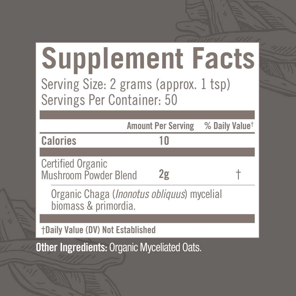 OM Mushroom Superfood Chaga powder organic ingredients display