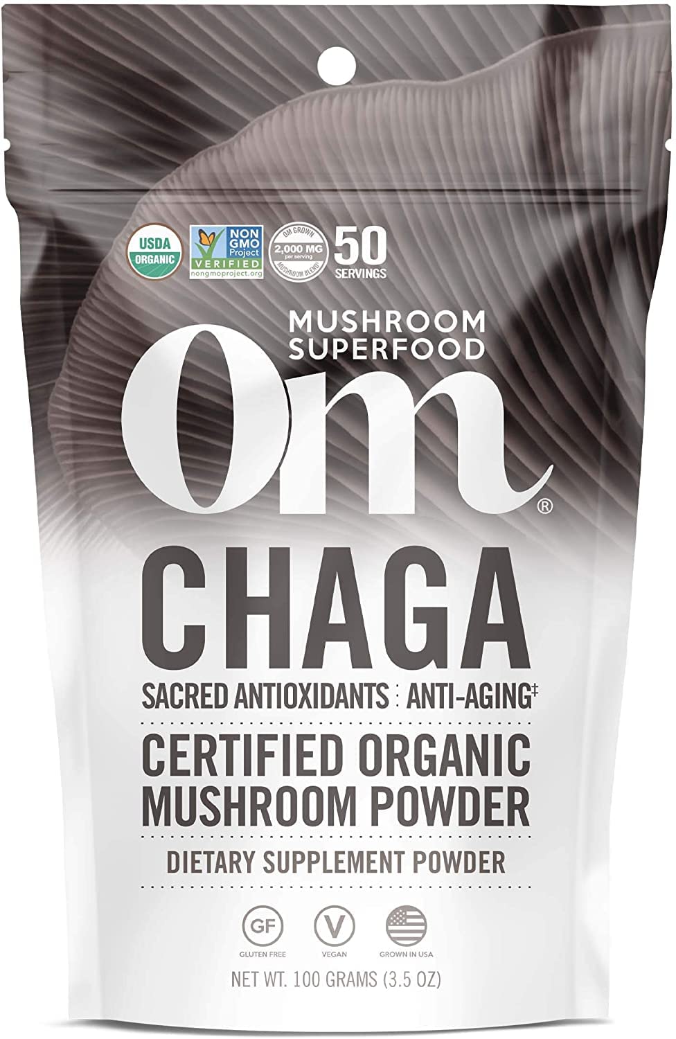 OM Mushroom Superfood Chaga powder pack shot showing organic antioxidant-rich formula
