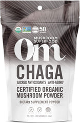 OM Mushroom Superfood Chaga powder pack shot showing organic antioxidant-rich formula
