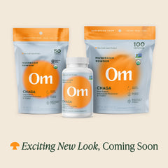OM Mushroom Superfood Chaga powder scoop highlighting convenient daily use