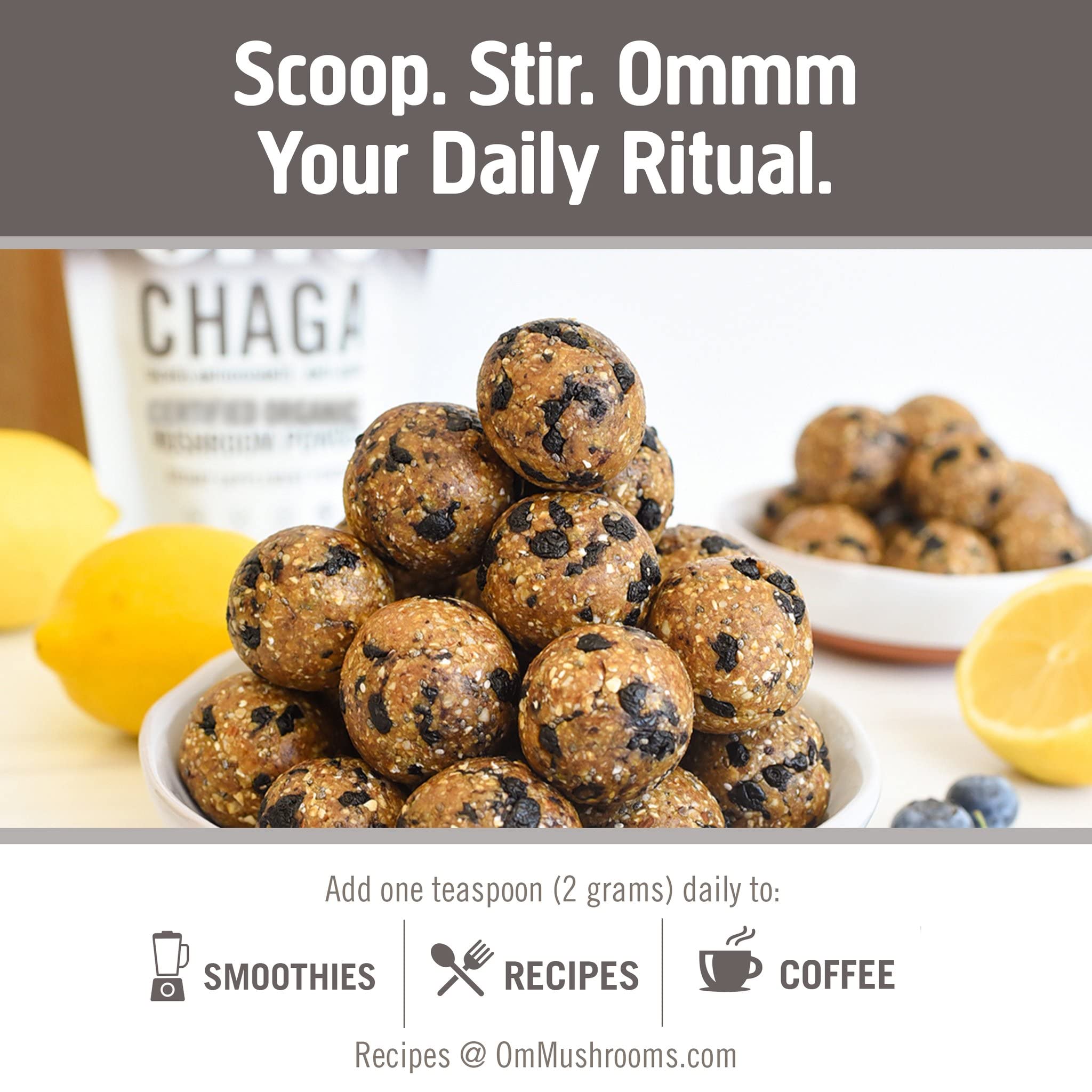 OM MUSHROOM SUPERFOOD Chaga powder steeped in tea for warmth