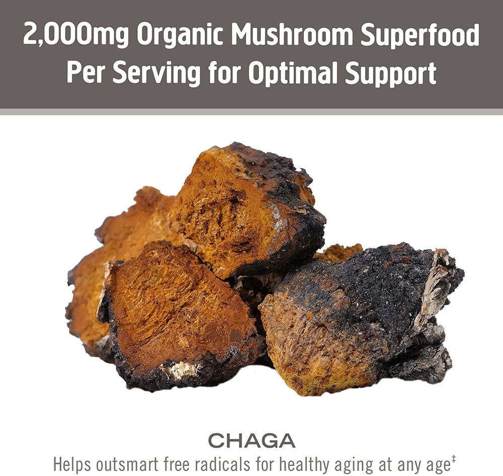 OM Mushroom Superfood Chaga powder USA grown labeling