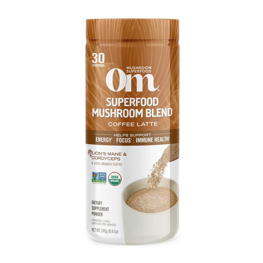 OM Mushroom Superfood coffee latte blend canister for daily energy.