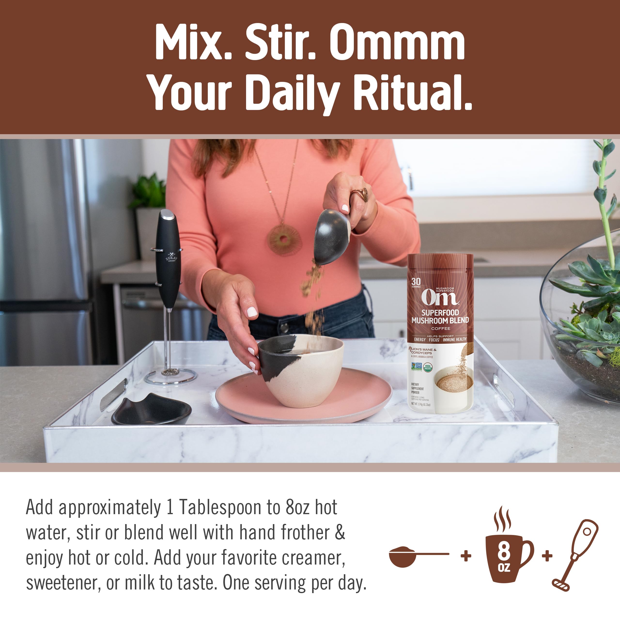 Pouring OM Mushroom Superfood coffee into a mug for a focused morning