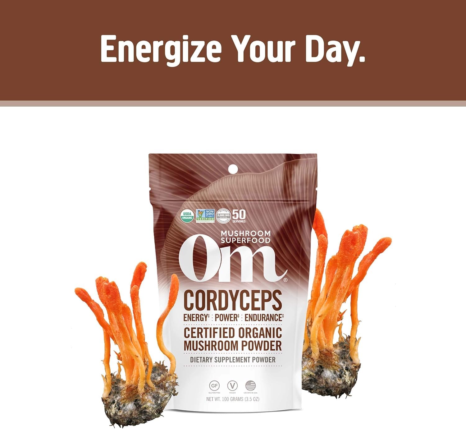 OM MUSHROOM SUPERFOOD Cordyceps powder in glass showing smooth mixability.
