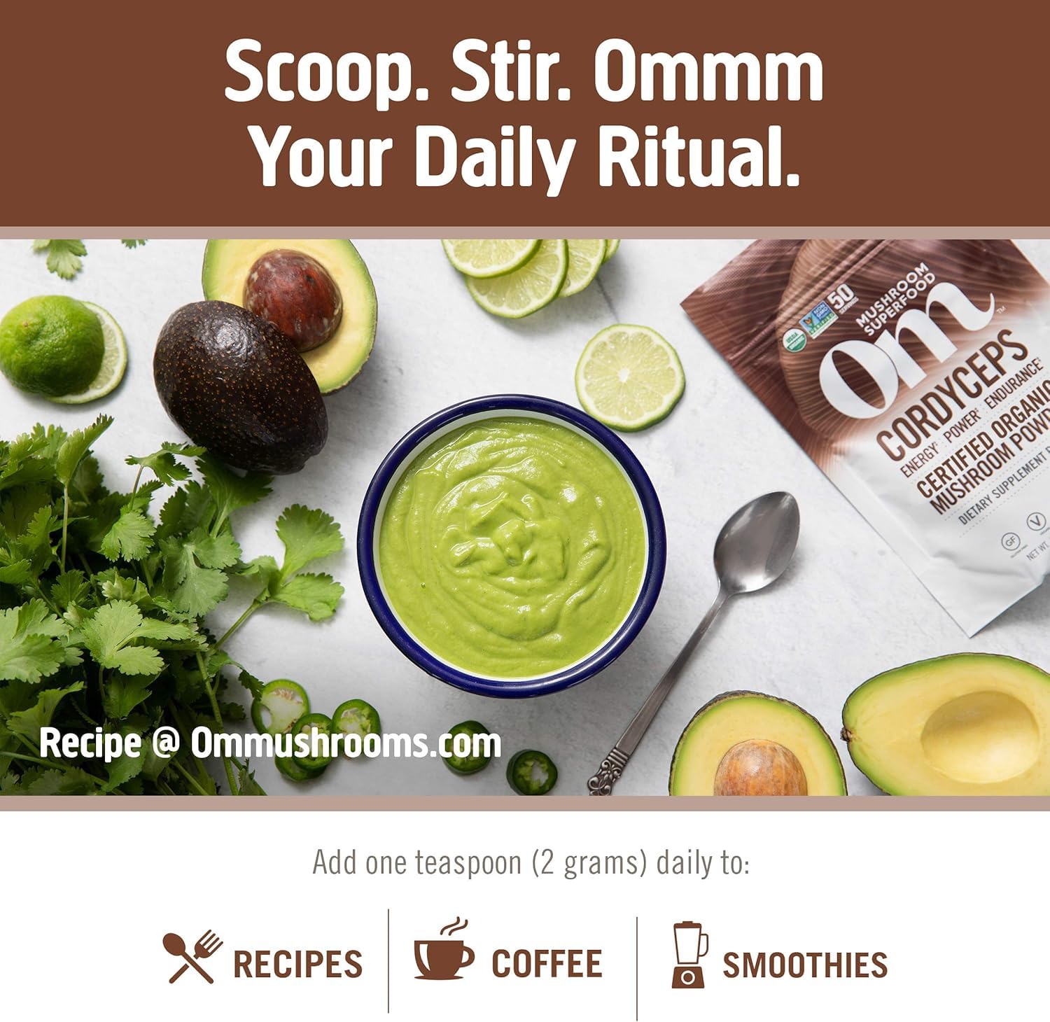 OM MUSHROOM SUPERFOOD Cordyceps jar label highlighting organic full-spectrum formula.