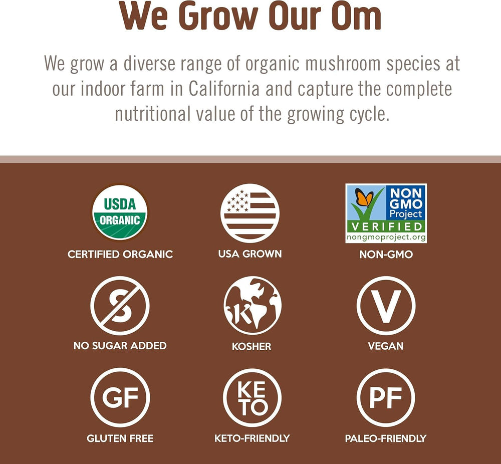 OM MUSHROOM SUPERFOOD Cordyceps powder seal of third-party purity testing.