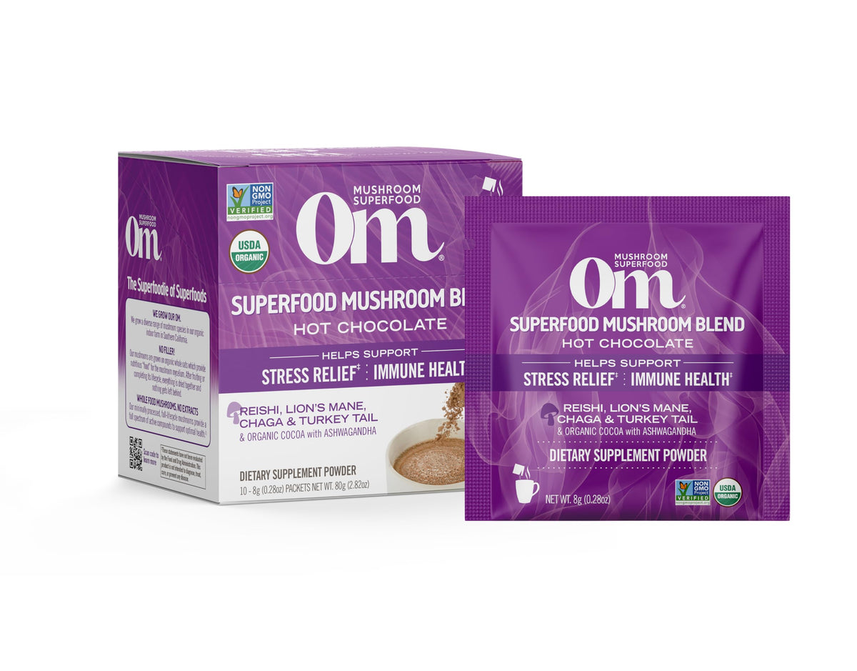 OM Mushroom Superfood hot chocolate package ready to mix for on-the-go wellness.