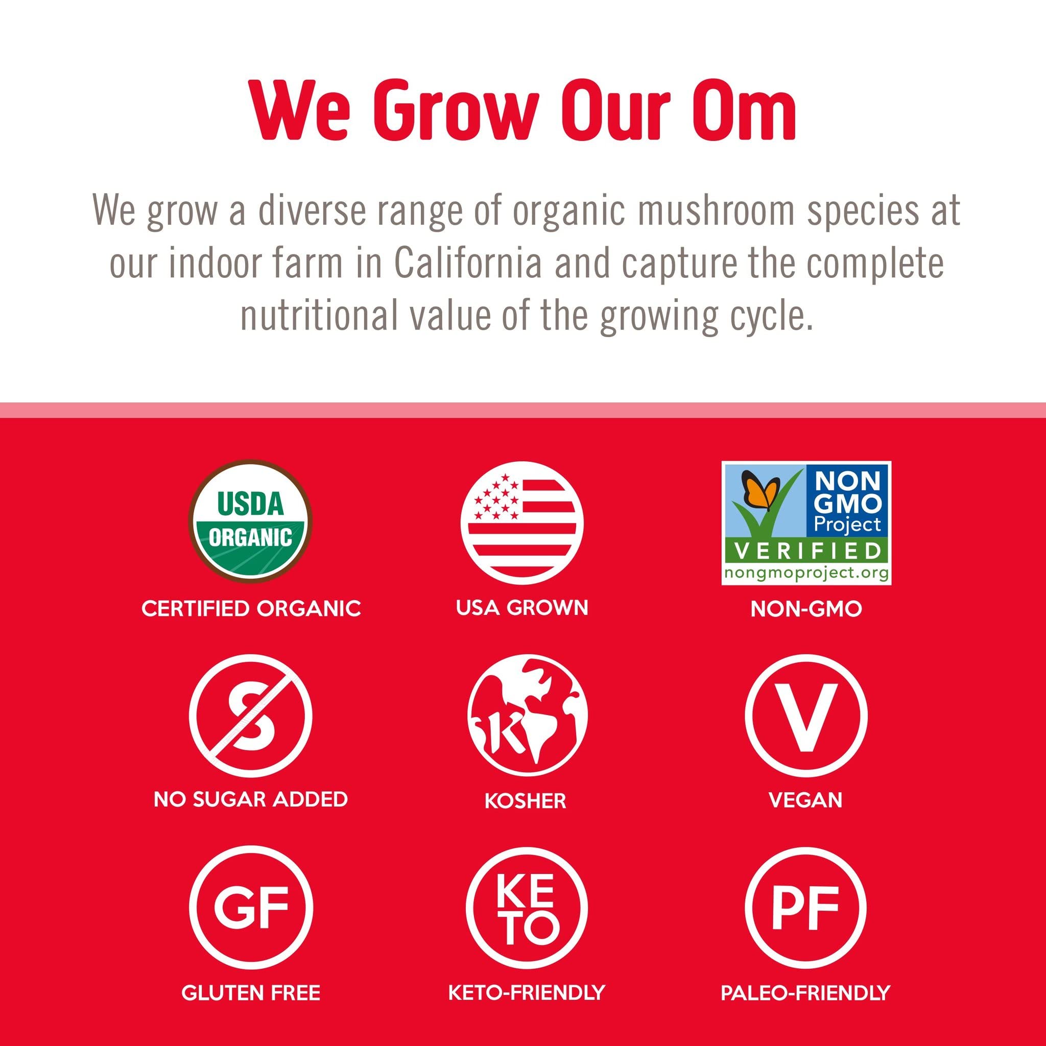 Bottle of OM Mushroom Superfood Immune Blend on a kitchen counter