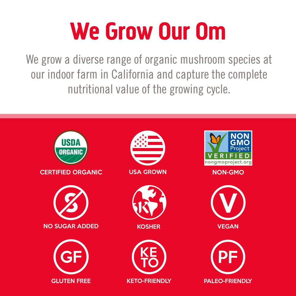 Bottle of OM Mushroom Superfood Immune Blend on a kitchen counter