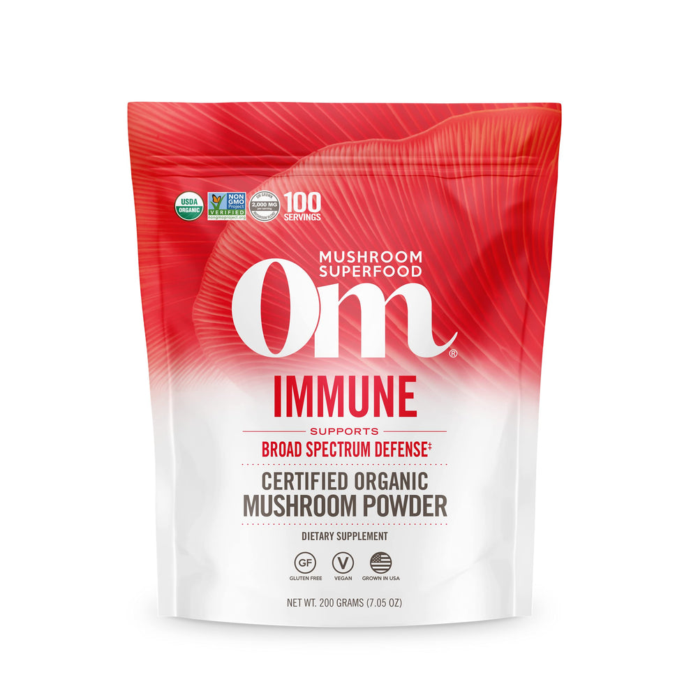 OM Mushroom Superfood Immune Blend pouch front showing product branding for daily use
