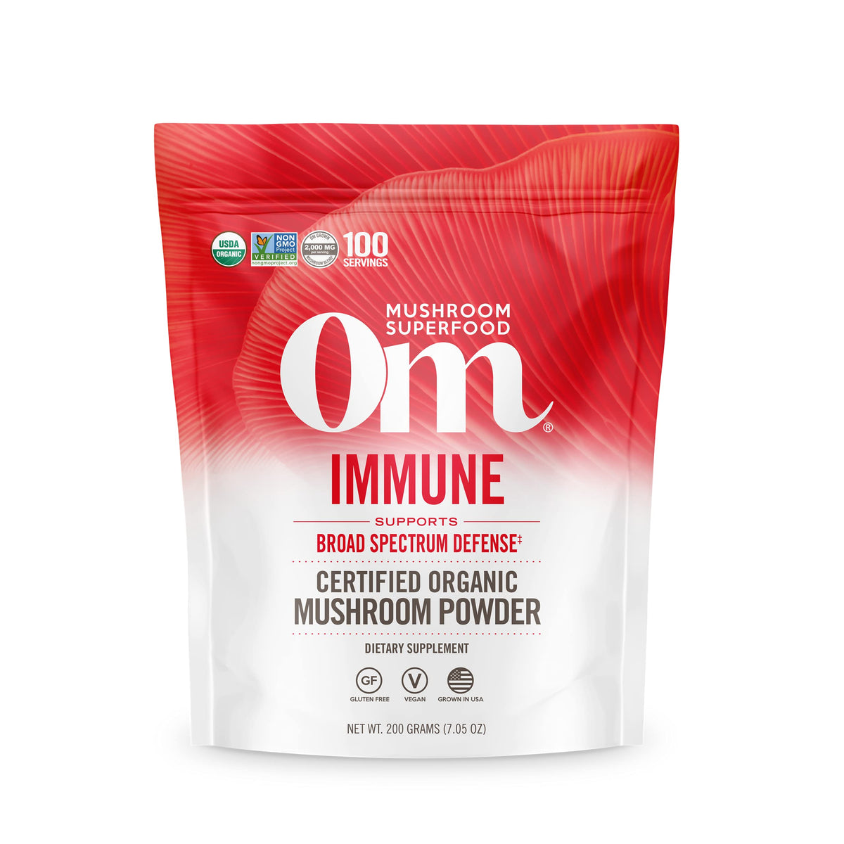 OM Mushroom Superfood Immune Blend pouch front showing product branding for daily use