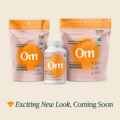 Close-up of OM Mushroom Superfood Immune Blend powder texture for smoothies