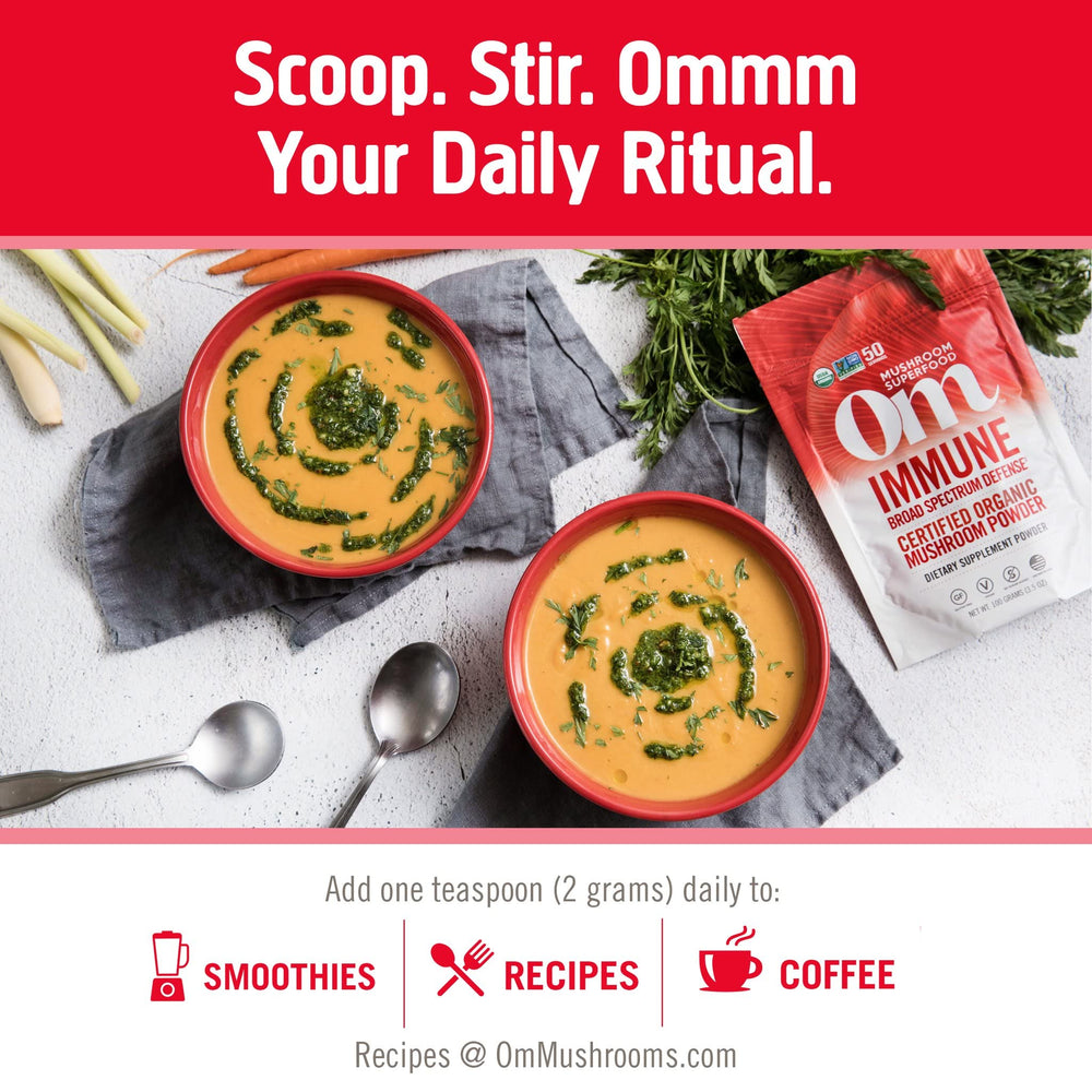 Serving cup featuring OM Mushroom Superfood Immune Blend as a daily ritual