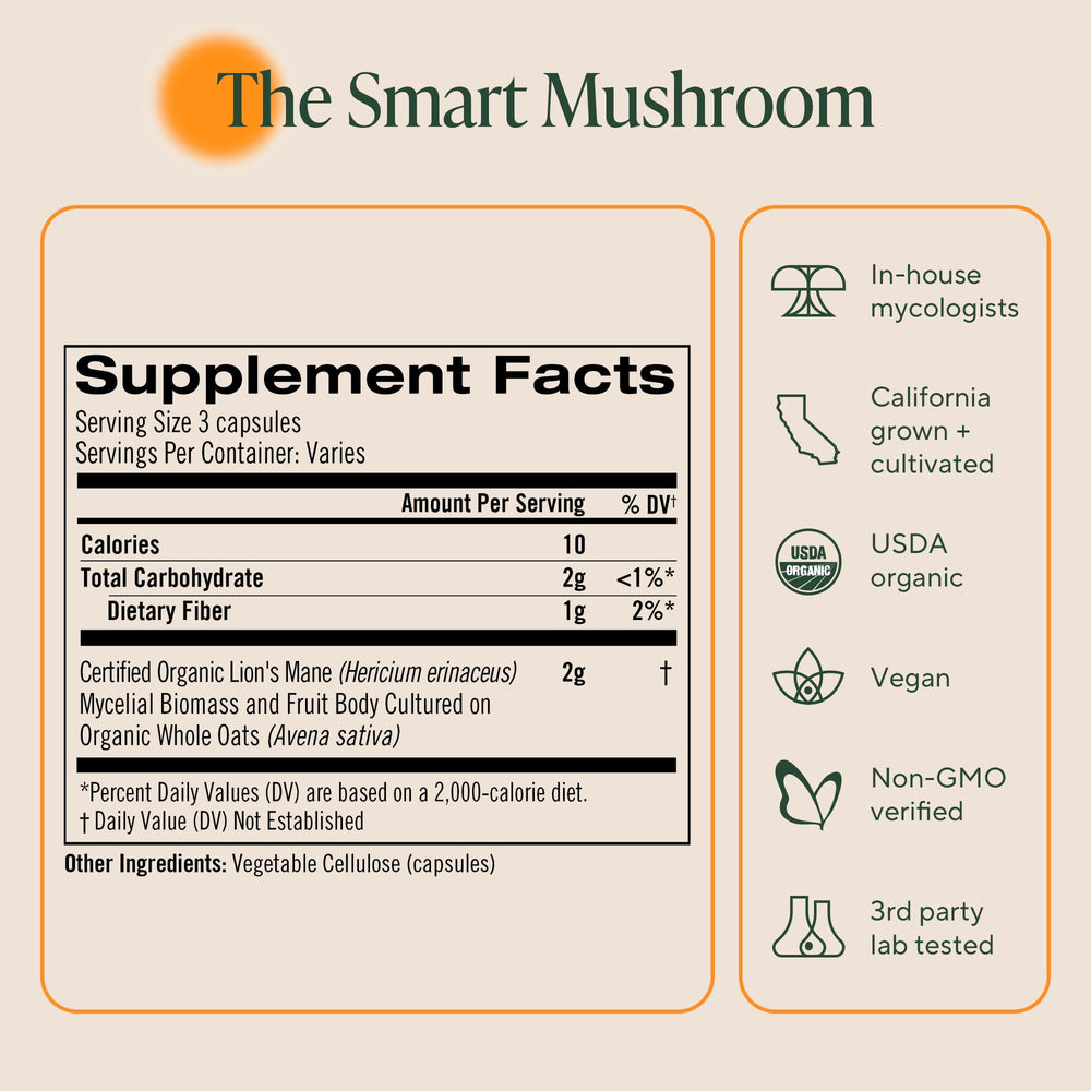 OM Mushroom Superfood ingredients panel, transparent sourcing
