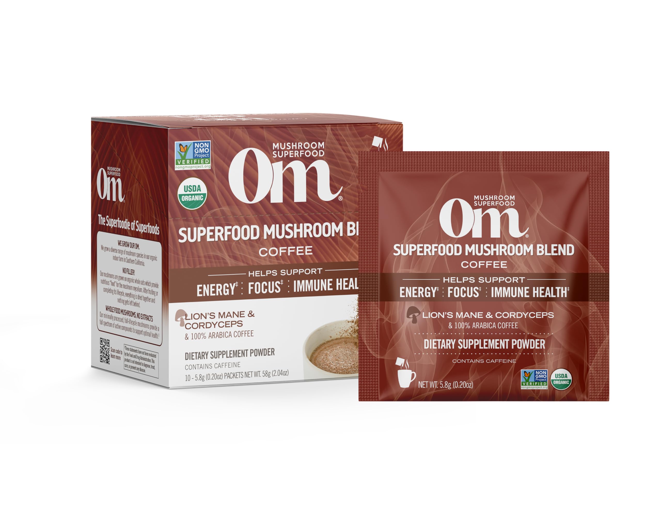 OM Mushroom Superfood instant coffee sachet ready to mix for energizing mornings.