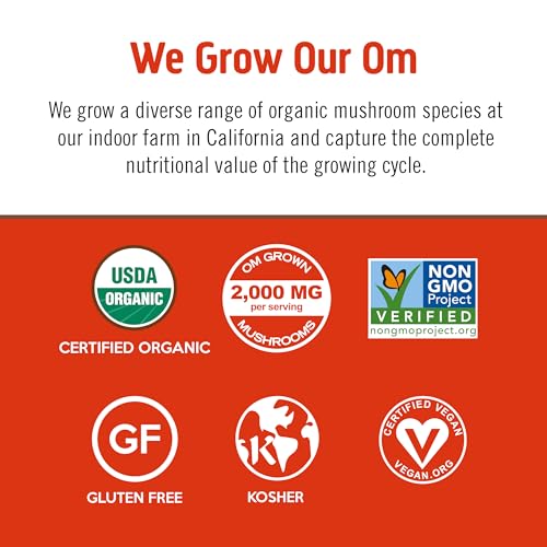 Close-up of OM Mushroom Superfood label highlighting organic and vegan ingredients