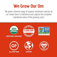 Close-up of OM Mushroom Superfood label highlighting organic and vegan ingredients