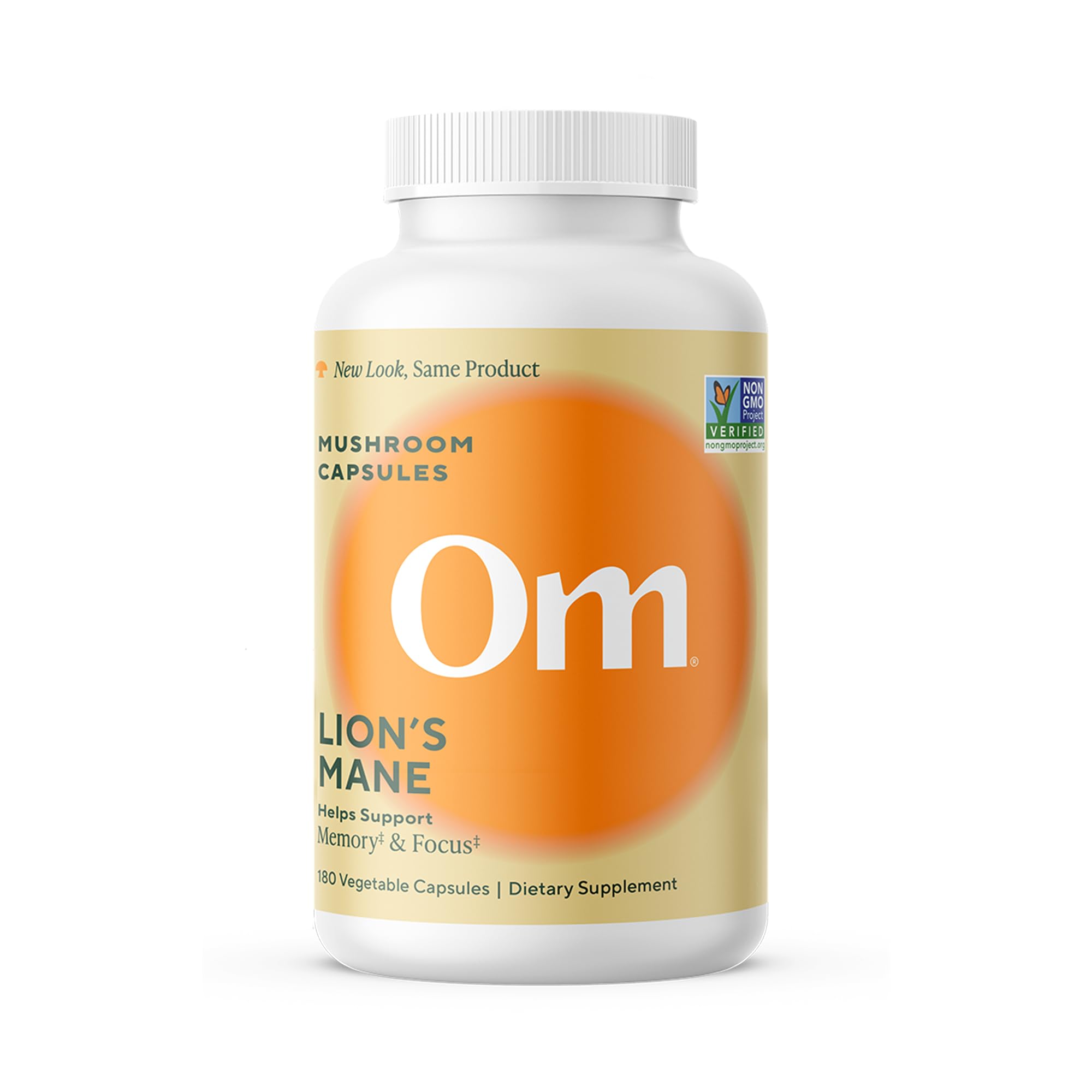OM Mushroom Superfood Lions Mane capsules bottle, brain focus support daily routine
