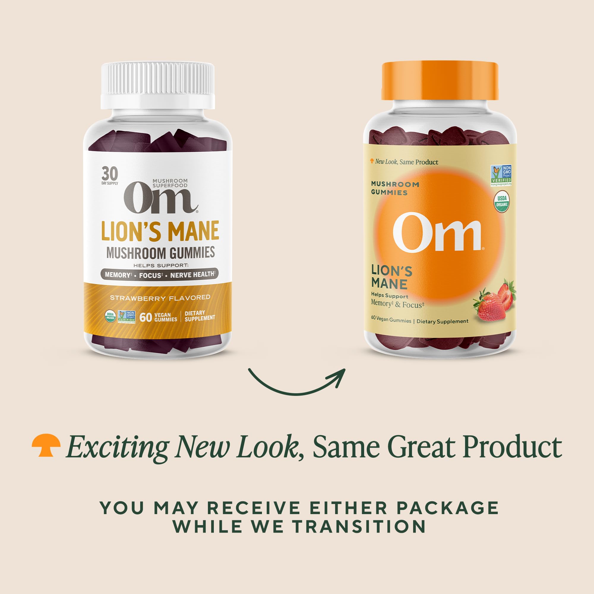 OM Mushroom Superfood Lions Mane Gummies label, strawberry flavor highlighted.