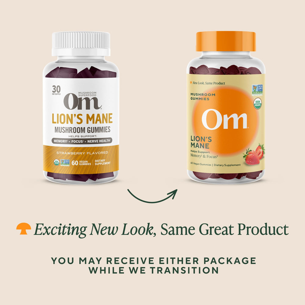 OM Mushroom Superfood Lions Mane Gummies label, strawberry flavor highlighted.