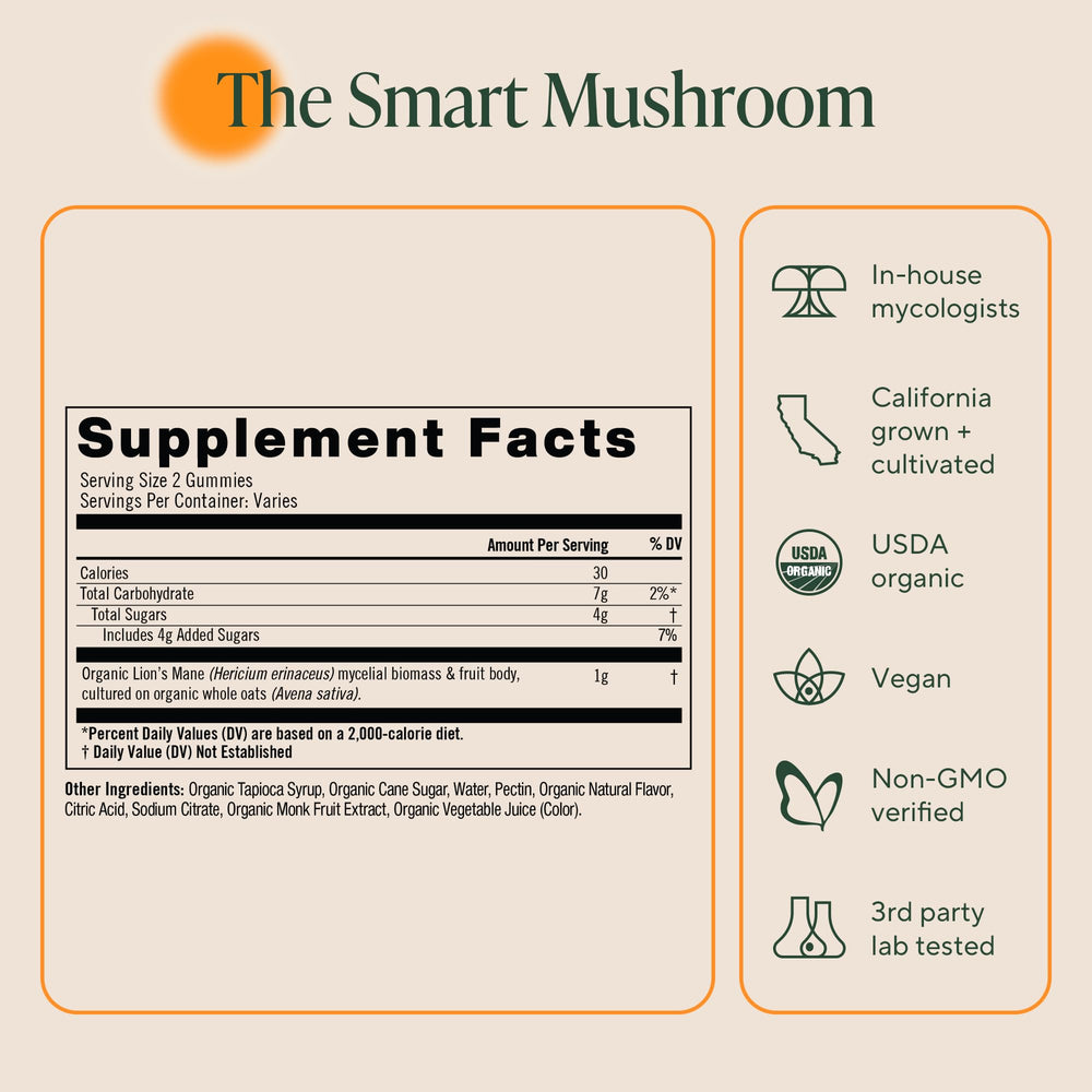 OM Mushroom Superfood Lions Mane Gummies on counter, easy daily routine.