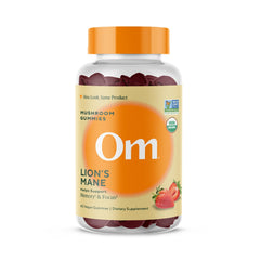 OM Mushroom Superfood Lions Mane Gummies strawberry serving, supports focus.